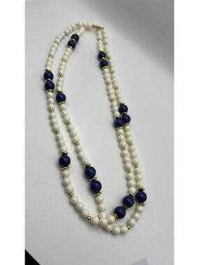 Vintage Double-Strand White & Blue Beaded Necklace With Gold-Tone Accents And Tw